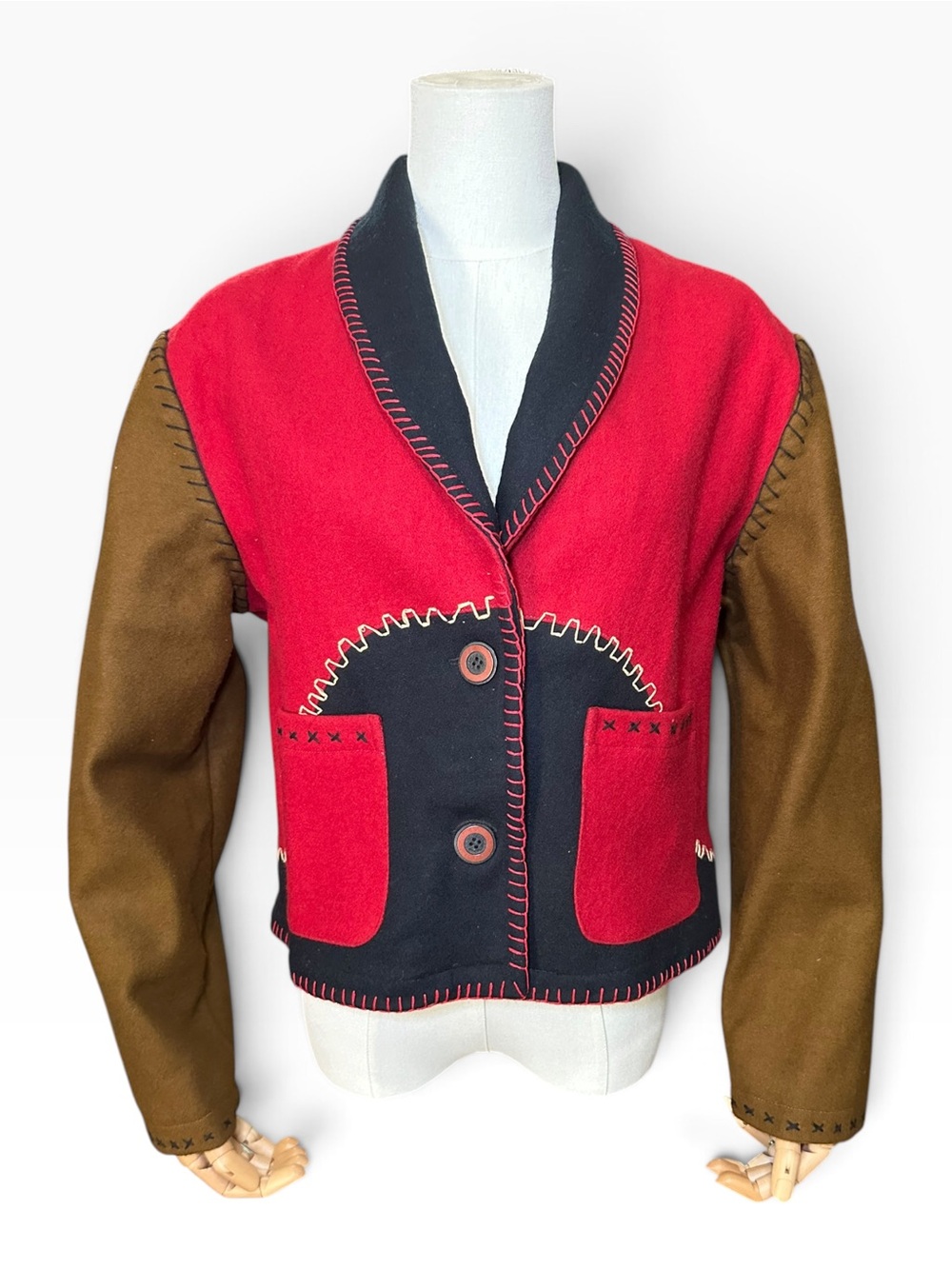 Vintage Sandy Starkman Color-block Red & Navy Wool Blend Blazer Jacket - Picture 2 of 8